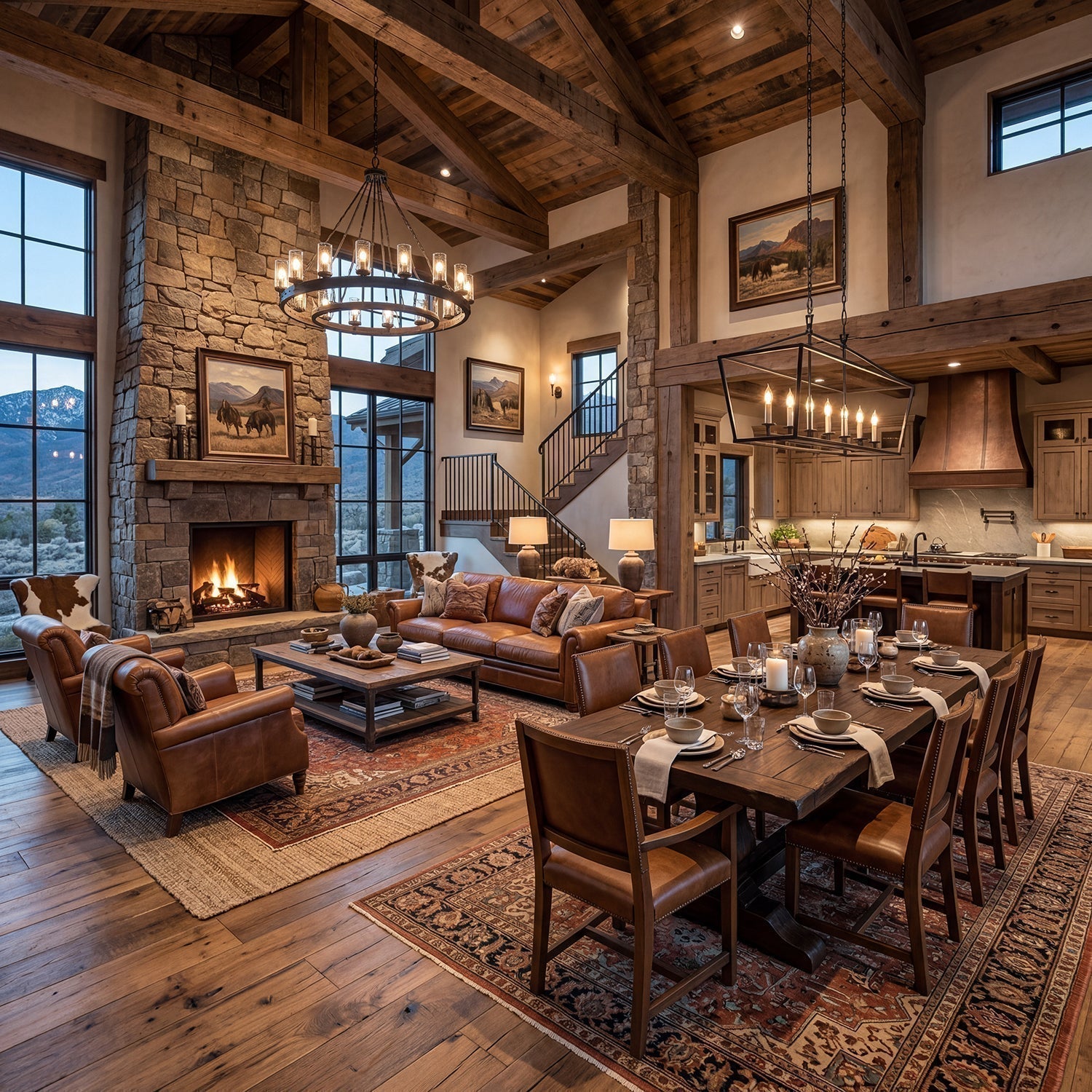 Luxury open Western home with grounded zones, warm layered materials, strong anchor furniture, and a refined ranch-inspired floor plan feel