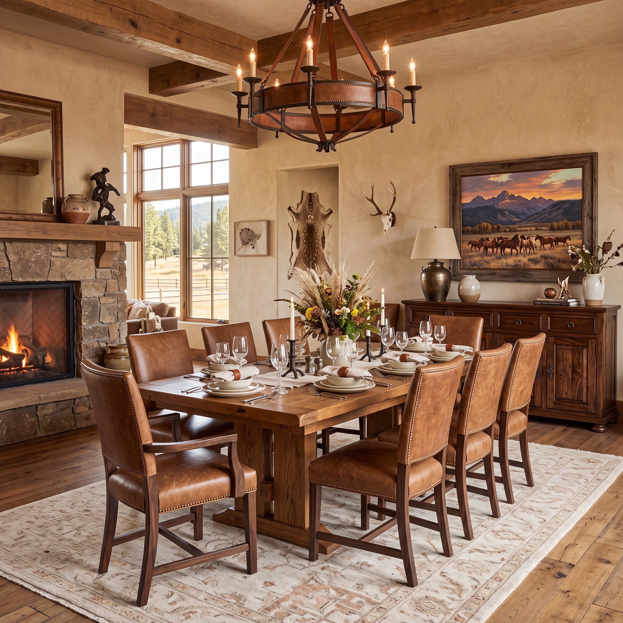 Luxury Western room with mixed wood tones, rich grain variation, layered textures, warm leather accents, and a balanced collected ranch-inspired feel