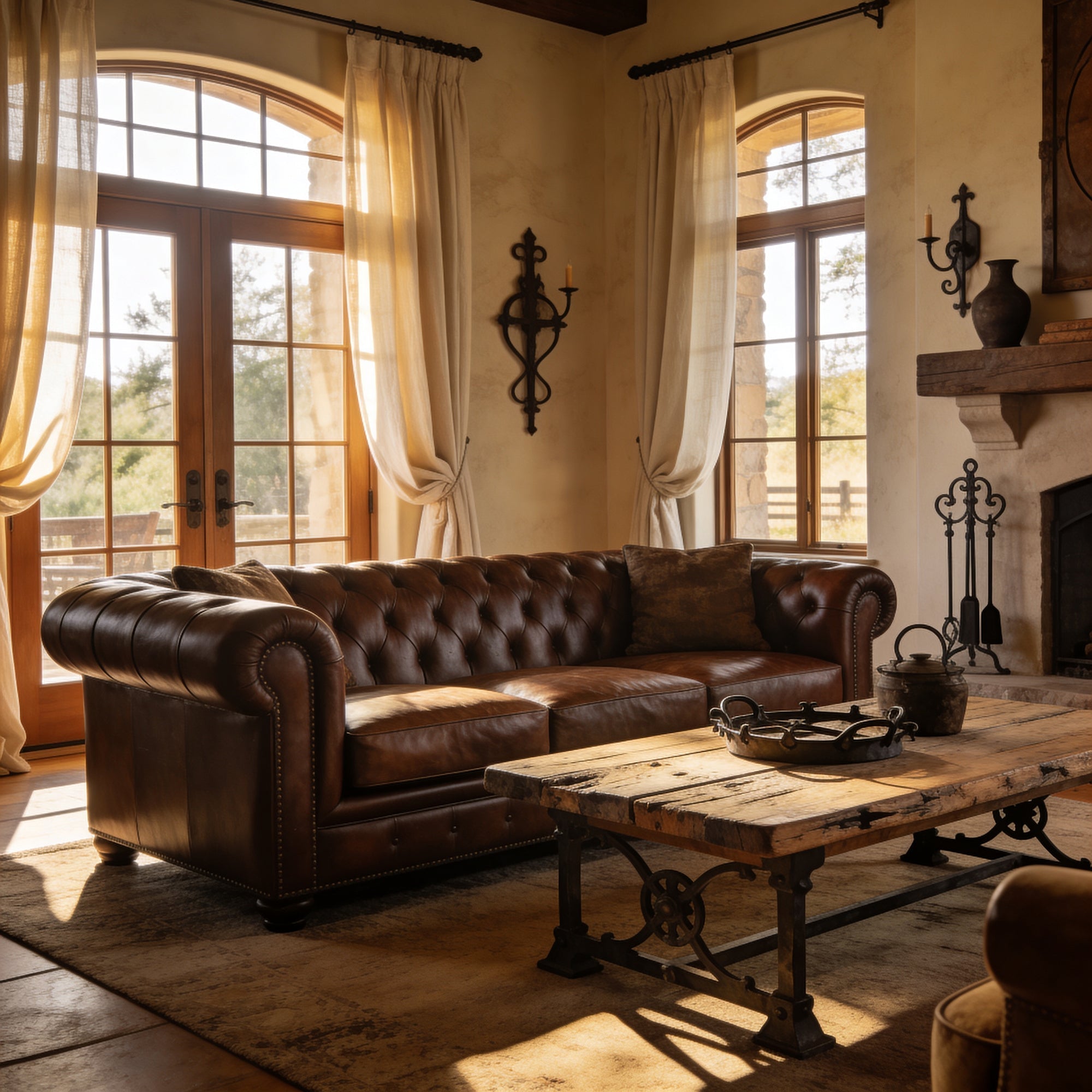 Luxury Western interior showing leather, linen, reclaimed wood, iron, copper, and wool layered together in a refined ranch estate room