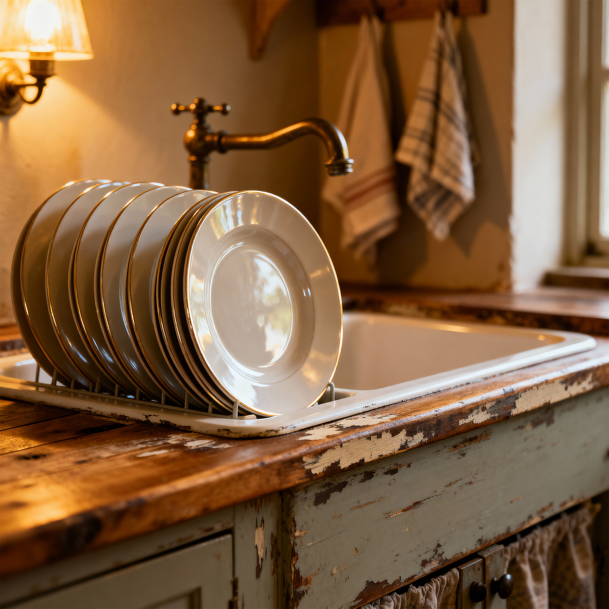 Stack of clean plates drying beside a farmhouse sink in warm lamplight