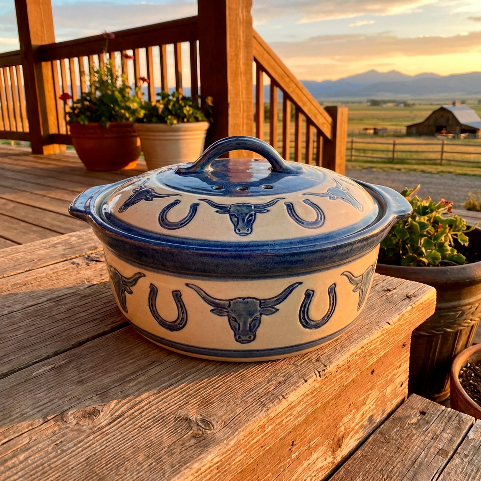 Covered casserole dish on a rustic porch step in warm evening light
