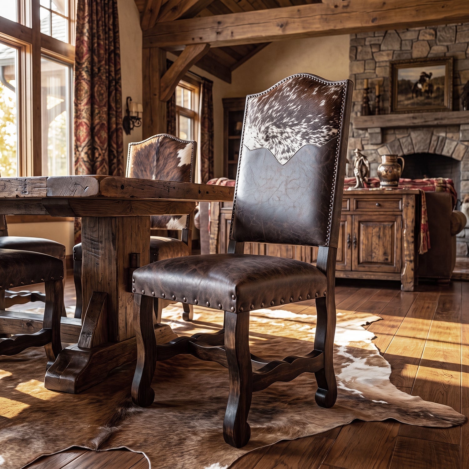 Western cowhide dining chair pulled slightly away from a rustic table in warm morning light