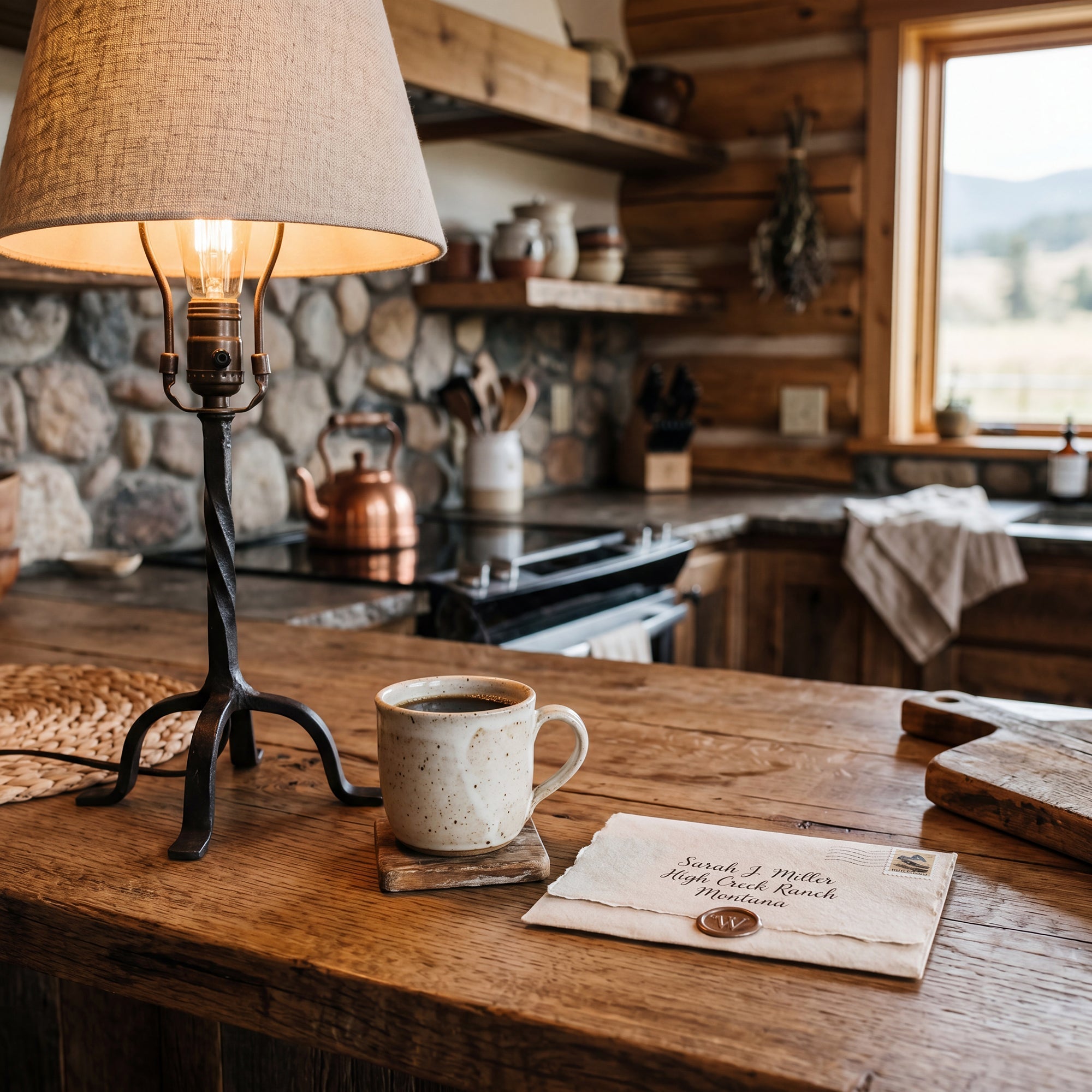 Unopened envelope resting on a rustic kitchen counter beside a warm lamp and coffee mug