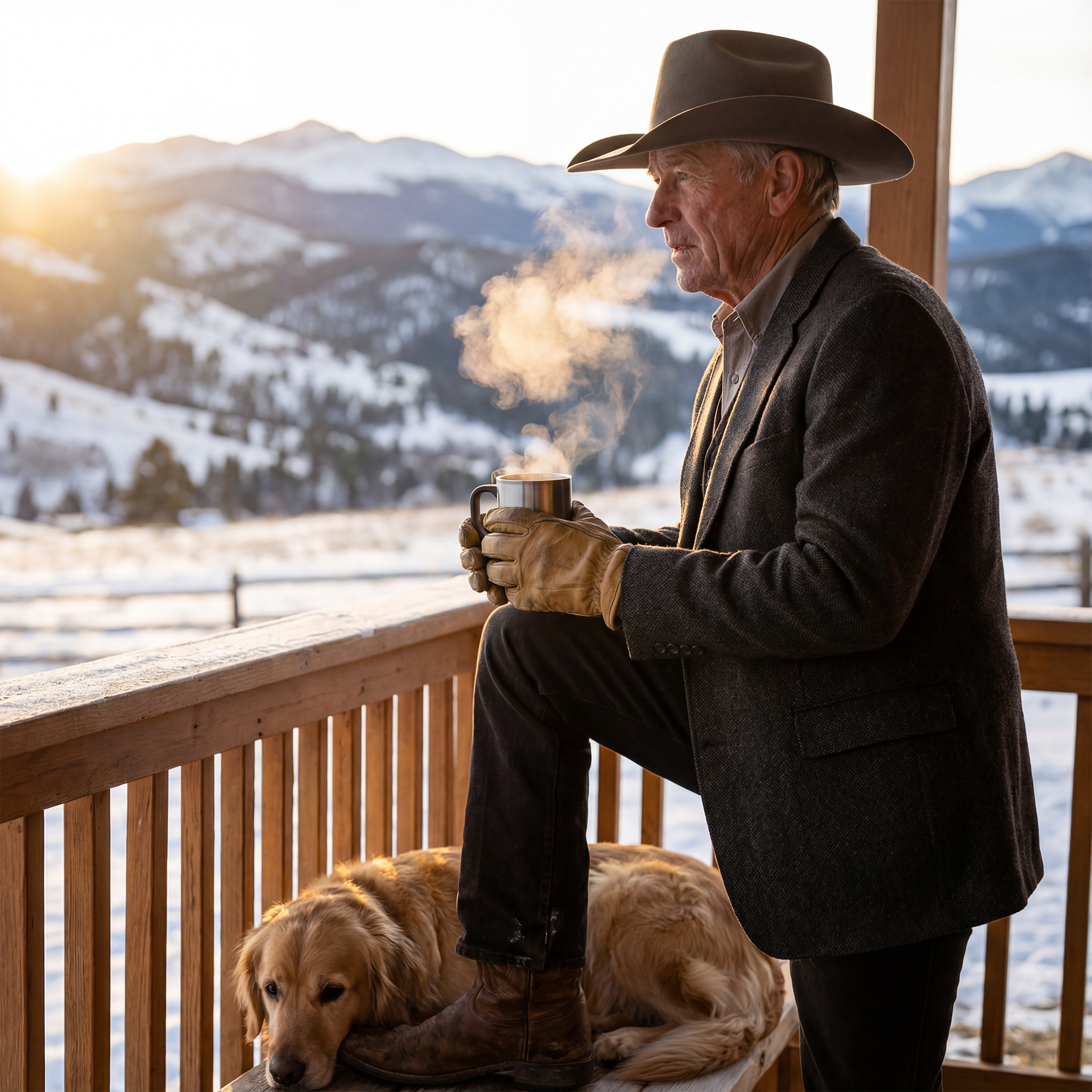 Cold morning ranch porch with visible breath in the air and soft early light