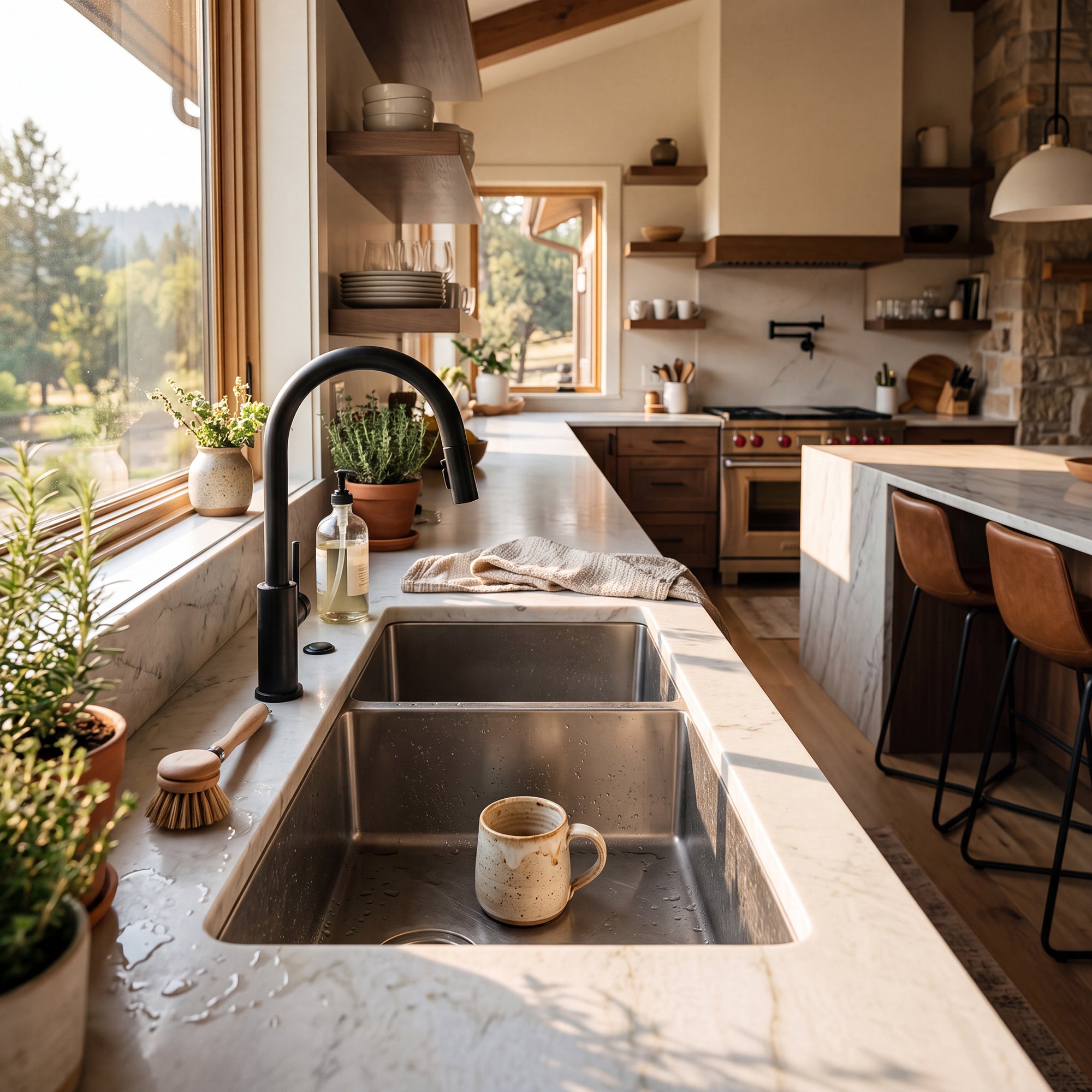Coffee mug resting in a kitchen sink with soft morning light across the counter inside of a western ranch home