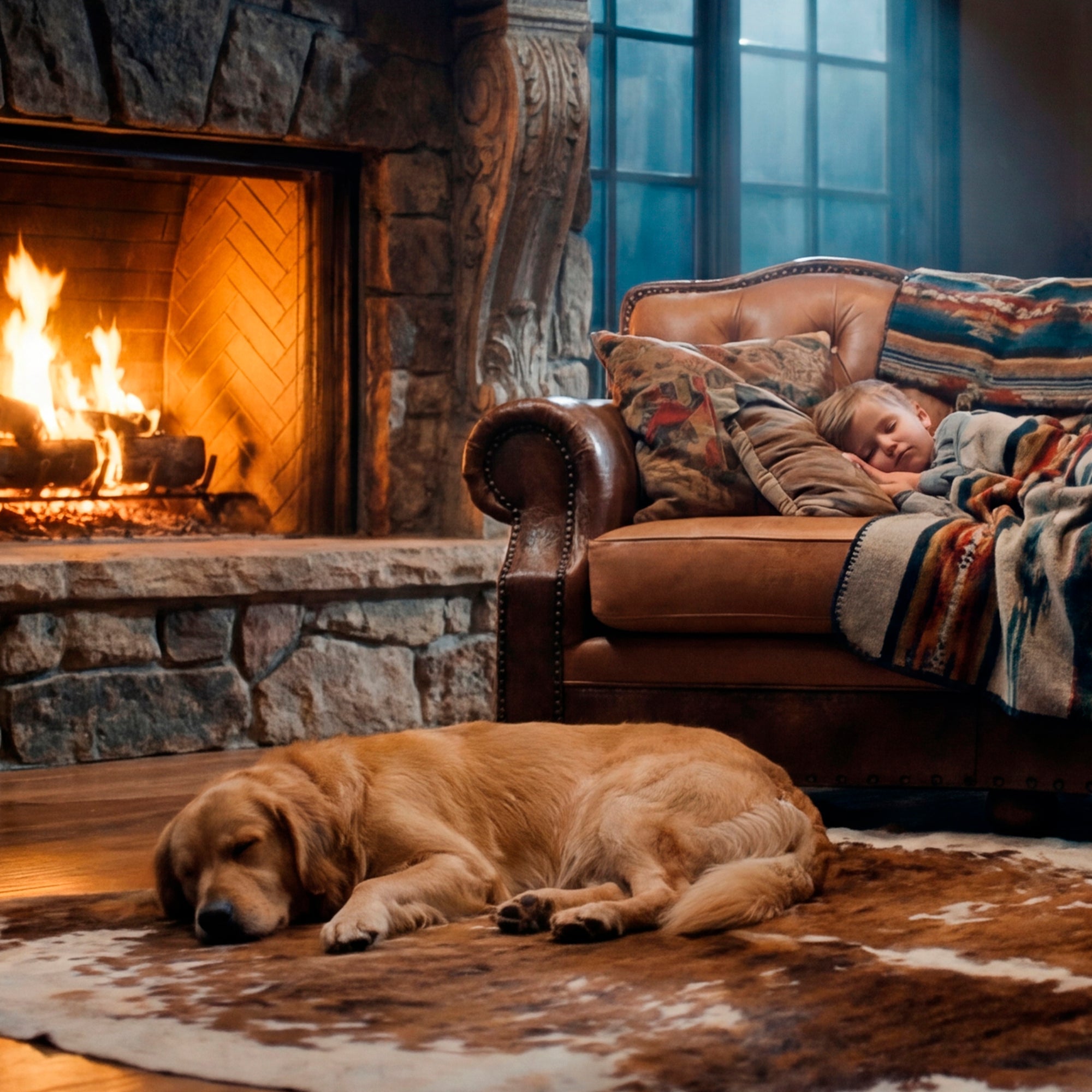Dog sleeping on a worn rug near a warm lamp in a cozy ranch living room