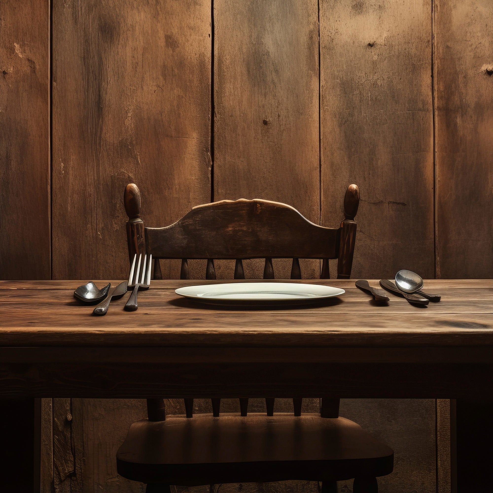 Rustic Western dining table set for a holiday meal, with one empty chair and untouched place setting