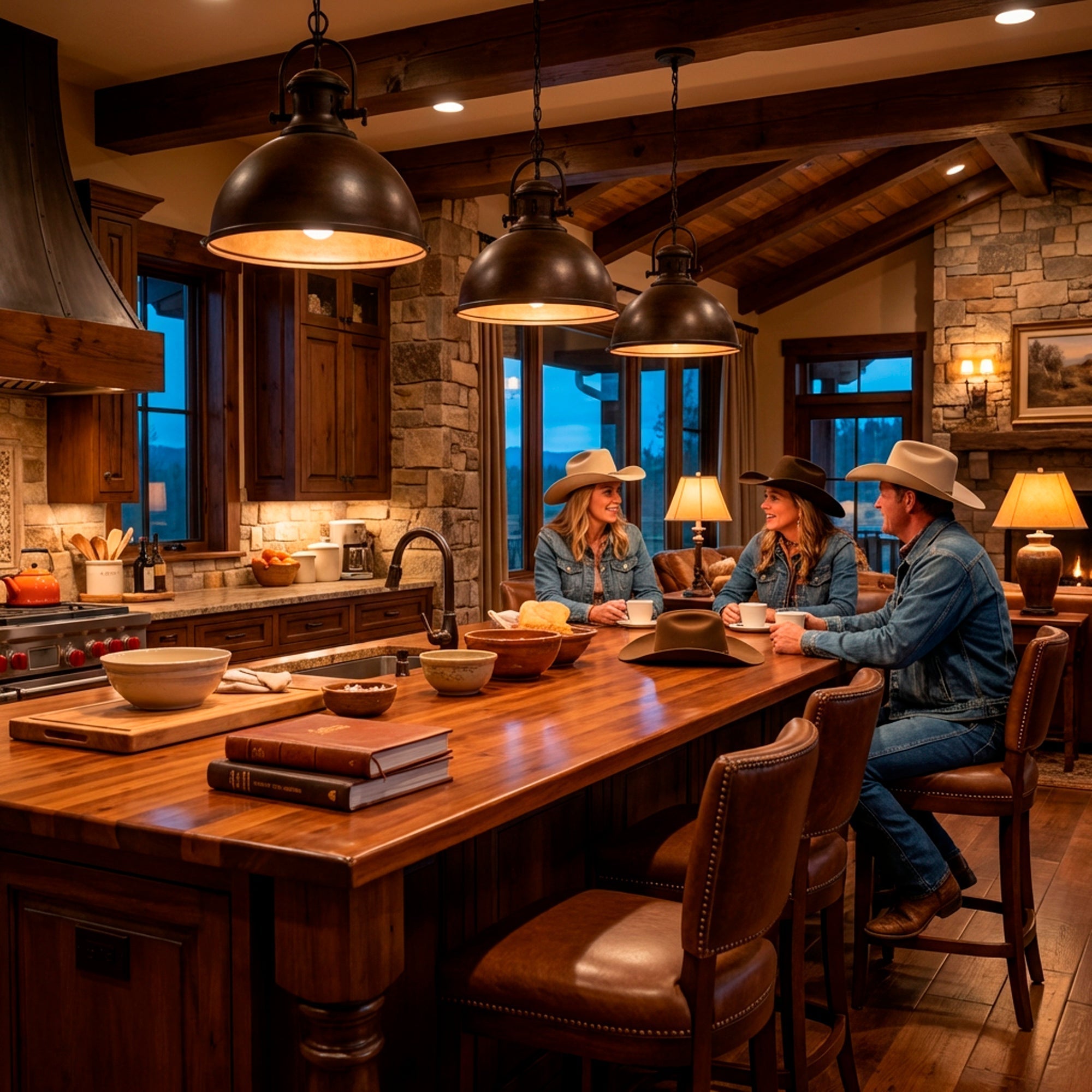 Warm ranch kitchen with lamplight, a lived-in counter, and chairs pulled close for conversation
