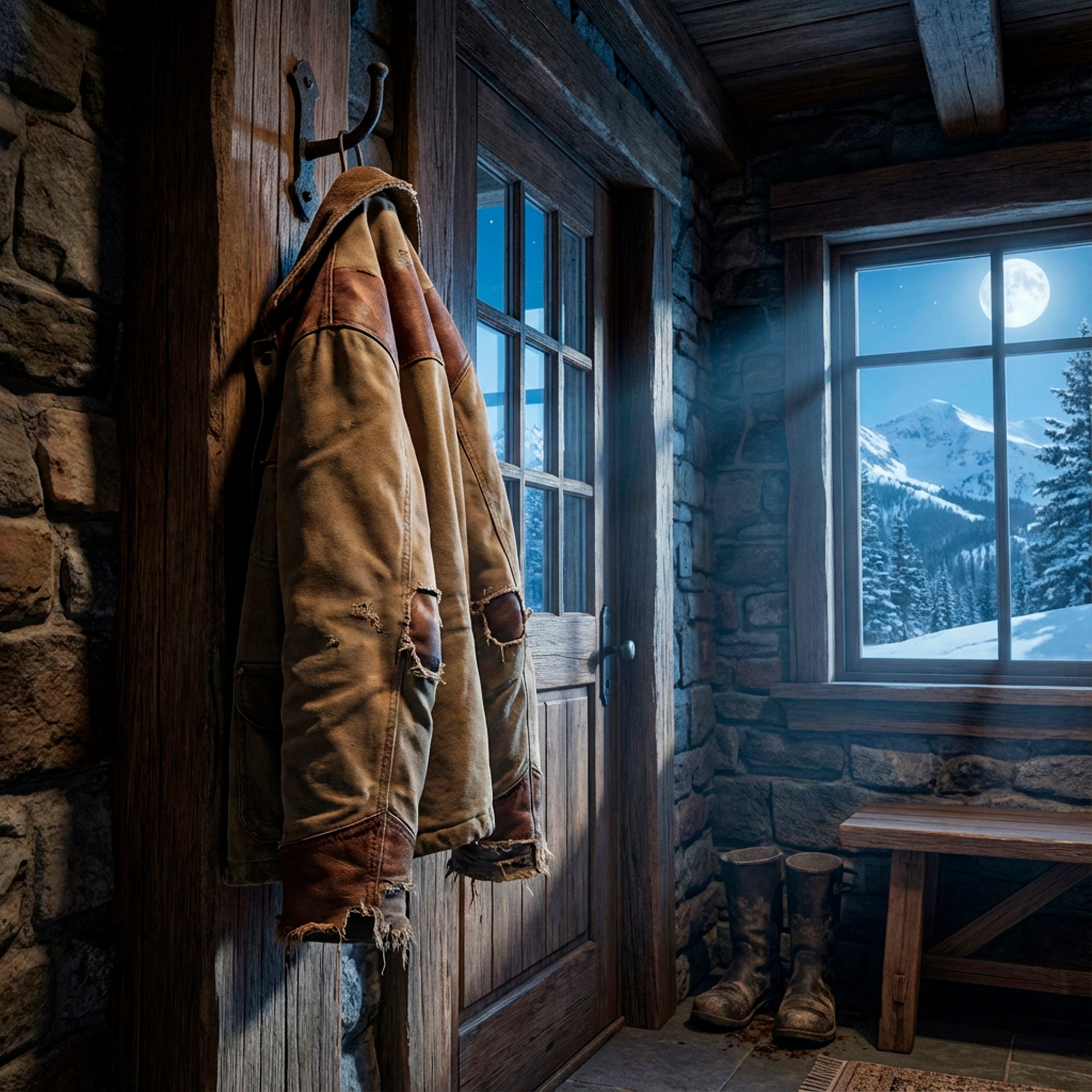 Worn ranch coat hanging on a peg by a back door in soft winter moonlight