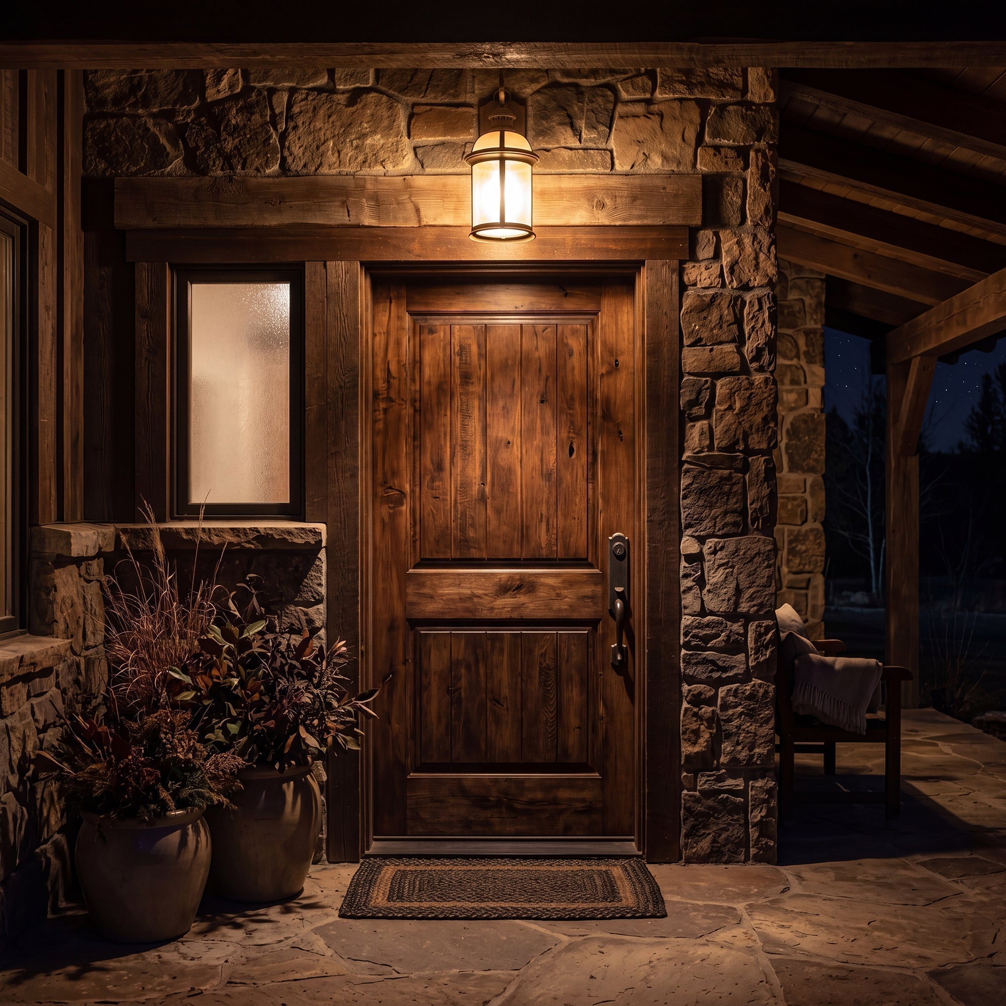 Warm porch light over a ranch front door at night, suggesting someone has returned to knock again