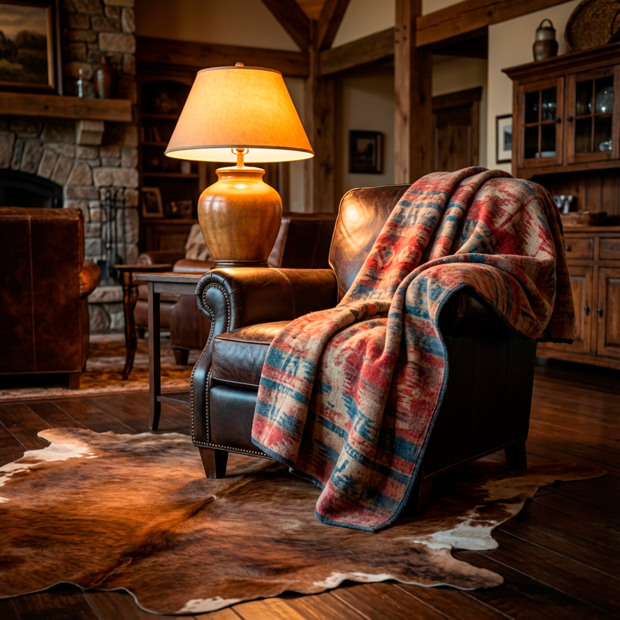 Worn Pendleton wool blanket draped over a chair near a warm lamp in a rustic ranch room