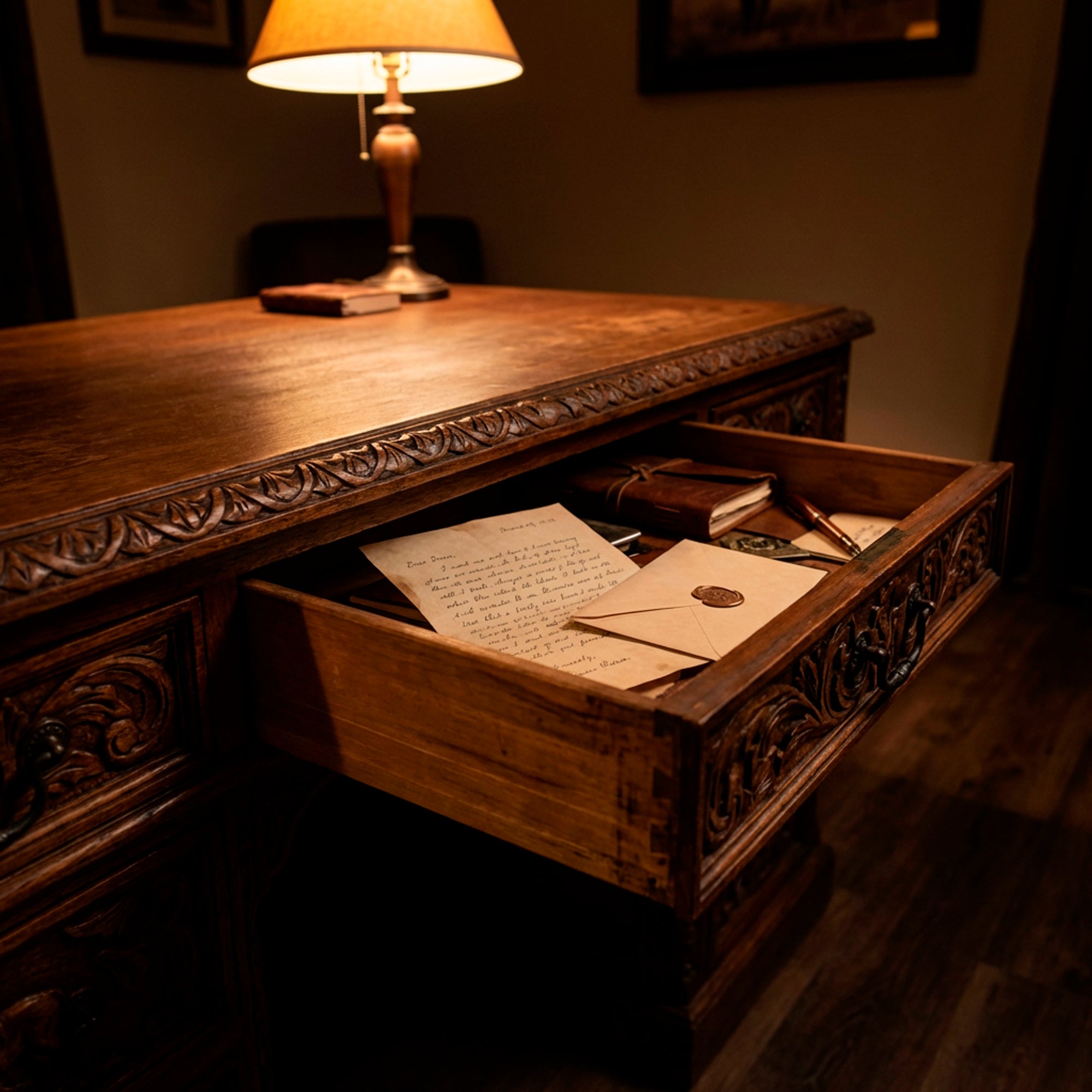 Handwritten letter and envelope resting in an open wooden western desk drawer under warm lamplight