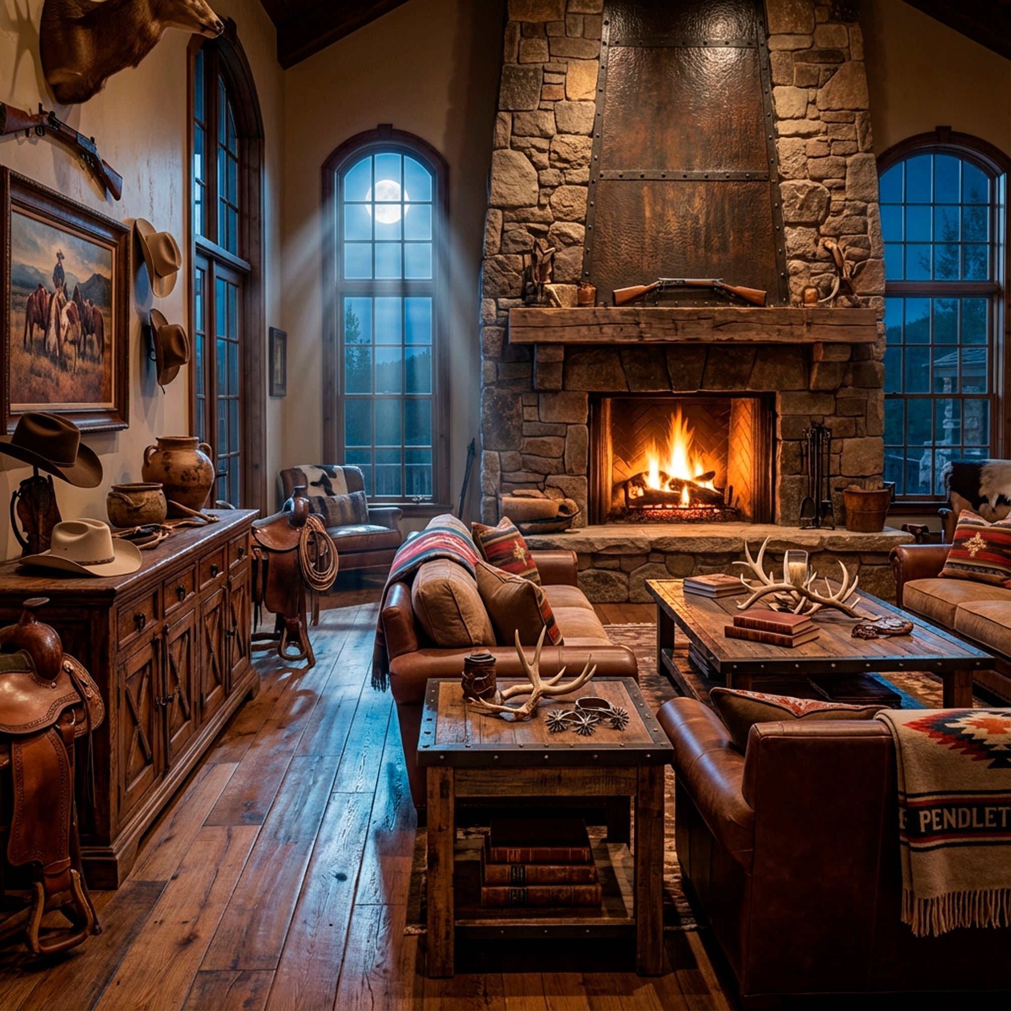 Western great room with leather sofa, cowhide coffee table, large area rug, and console table in front of stone fireplace