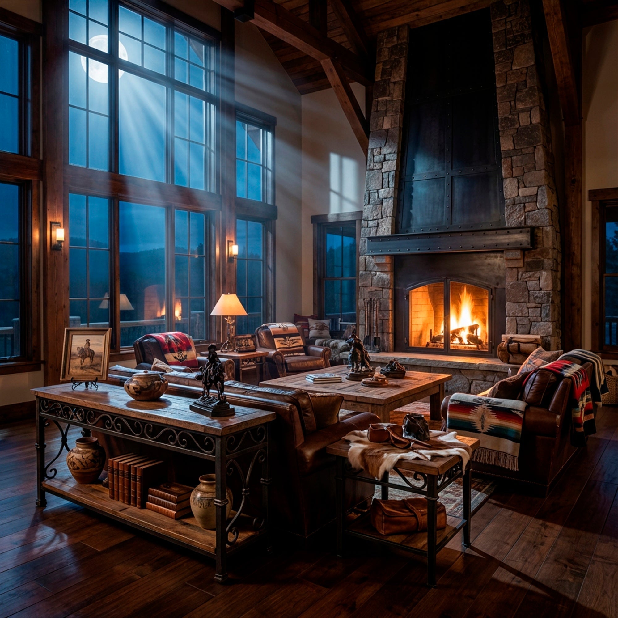 Western-inspired living space with entry console, coffee table, and accent tables styled with wood, leather, and iron décor