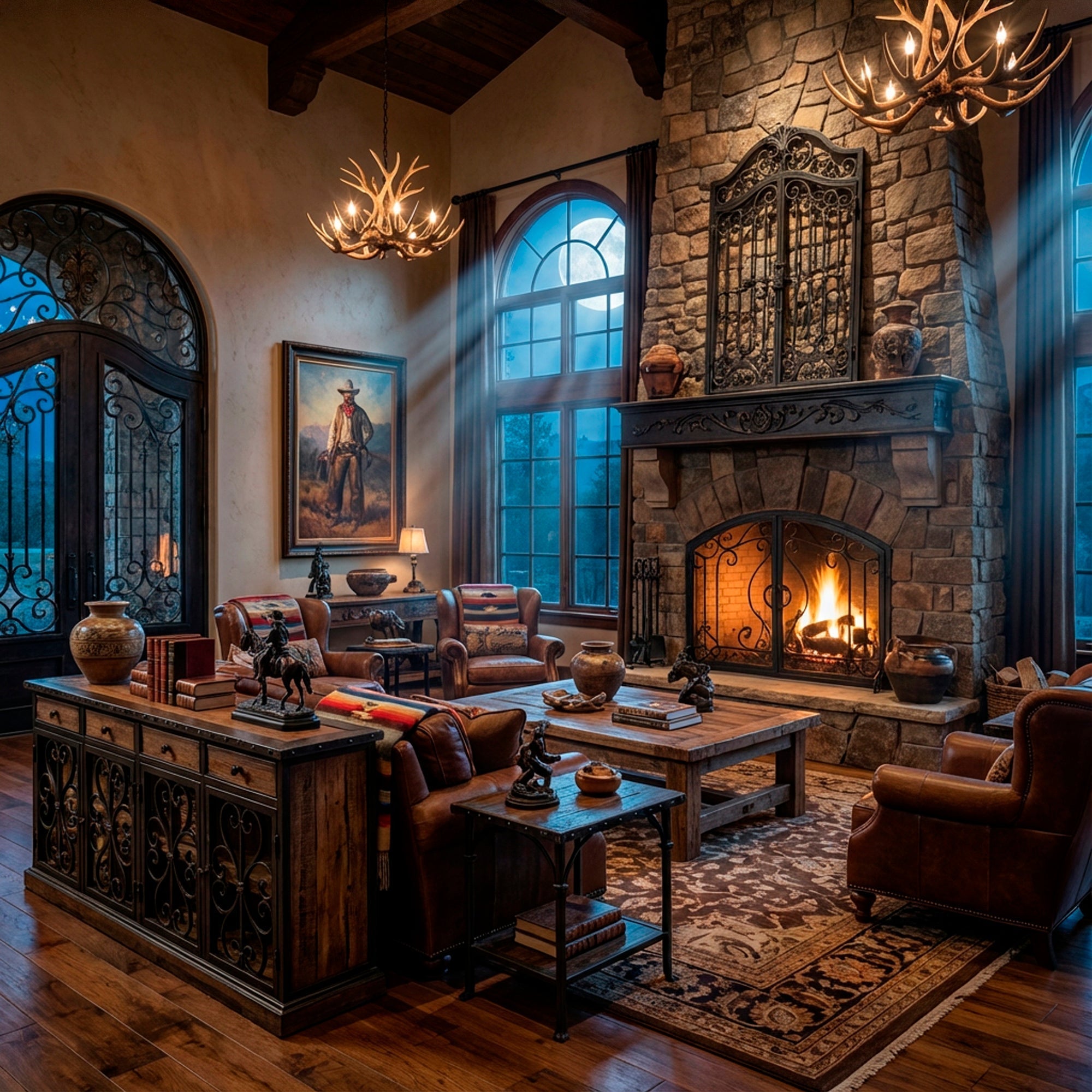 Western quiet luxury interior with leather seating, warm lighting, and balanced textures