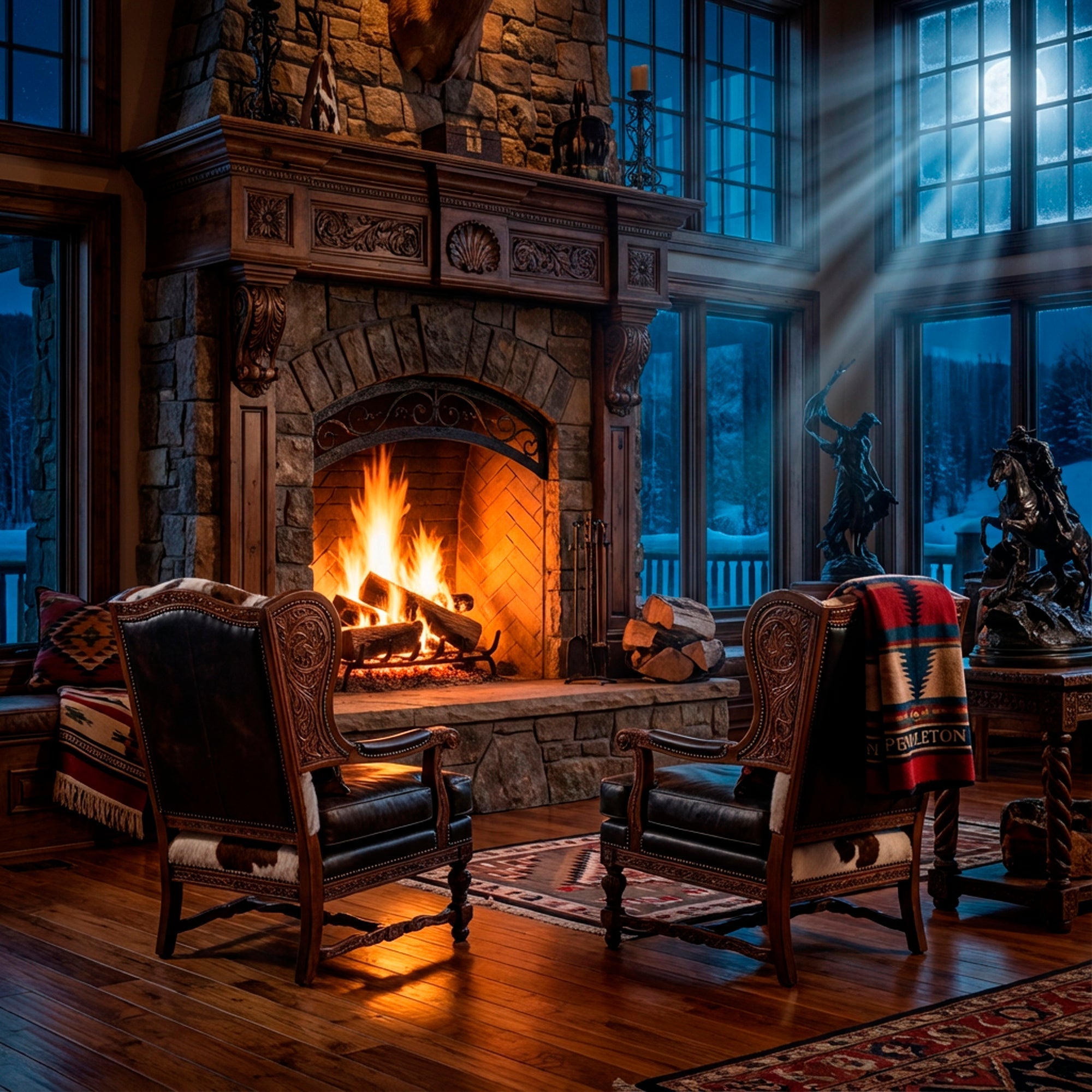 Warm firelight in a rustic ranch home at night with winter darkness beyond the window