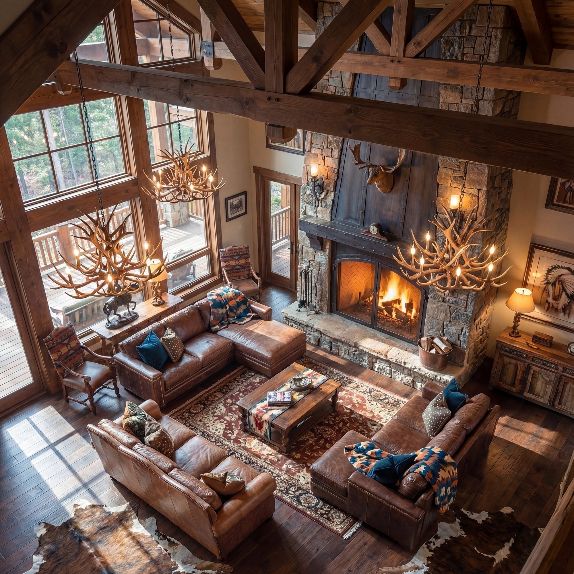 Western living room with a leather sofa, fabric chairs, a reclaimed wood coffee table, and a single hair-on hide accent creating a balanced mix of textures