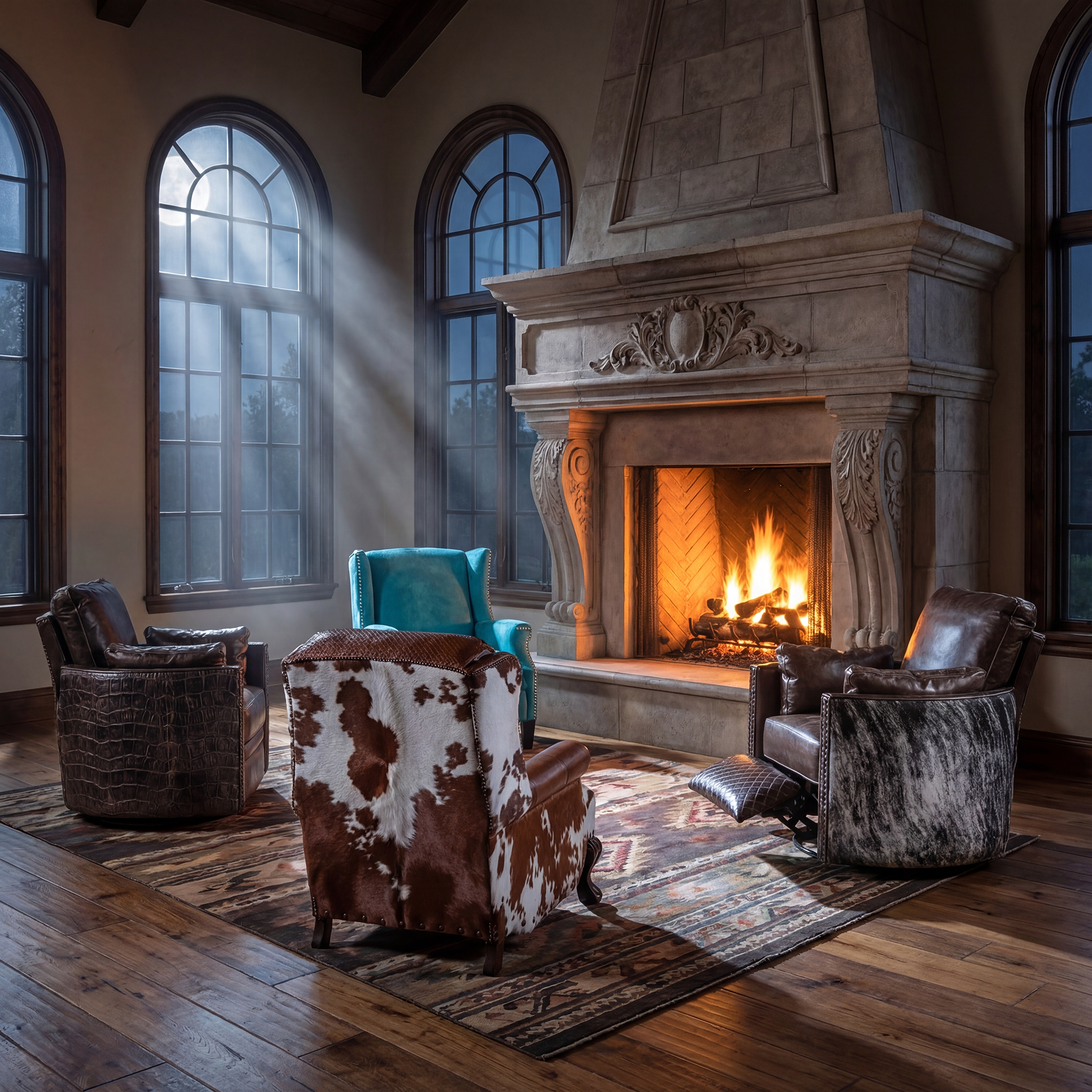 Luxury Western-style leather and cowhide recliners handcrafted for ranch living