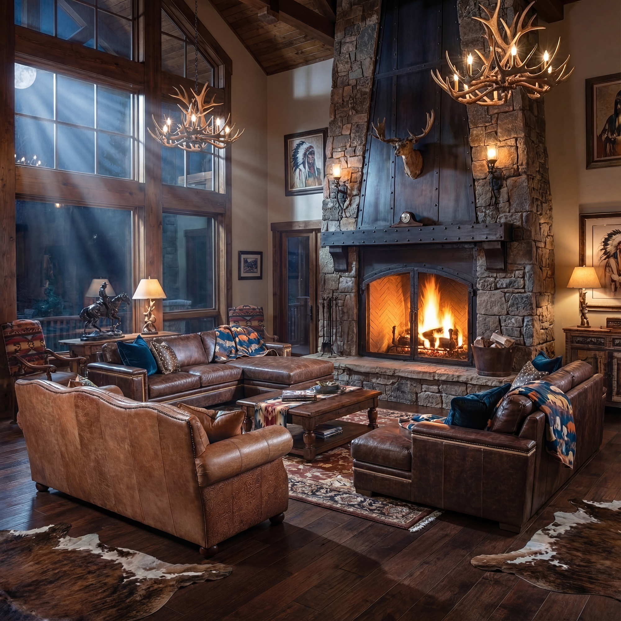 Large Western-style leather sectional with nailhead trim and rustic craftsmanship, designed for upscale lodge living rooms