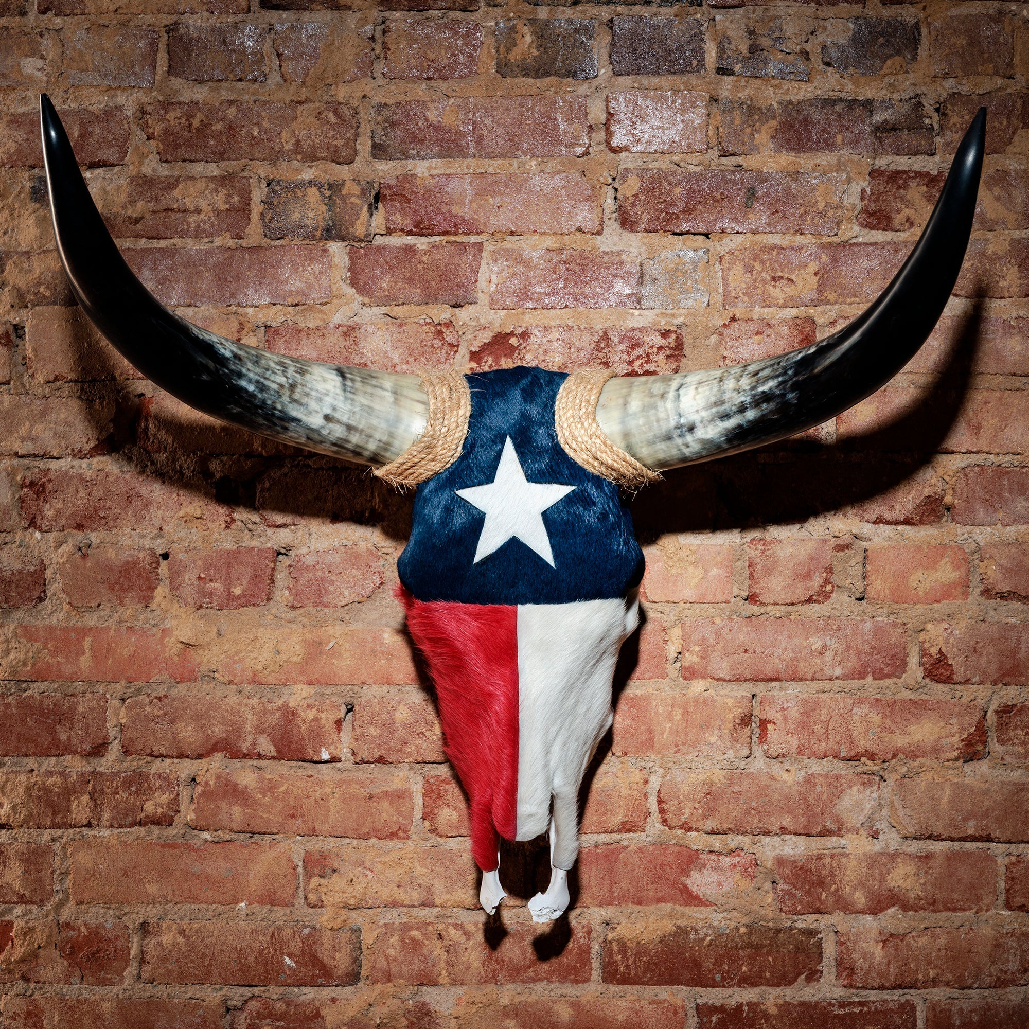 Assorted longhorn skull wall mounts featuring crystal, cowhide, leather, and painted finishes in Western interior style