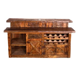 This Old Fashion Bar is the perfect home furnishing addition for the rustic interior. This piece is constructed with solid reclaimed wood and has a tiered bar design for functional use. It is available in several sizes to suit your needs.