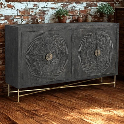 Brooklyn 4 Door Black Carved Sideboard with Metal Base
