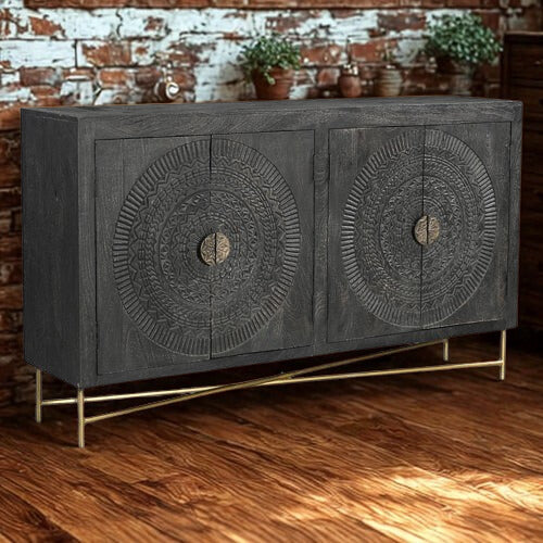 Brooklyn 4 Door Black Carved Sideboard with Metal Base