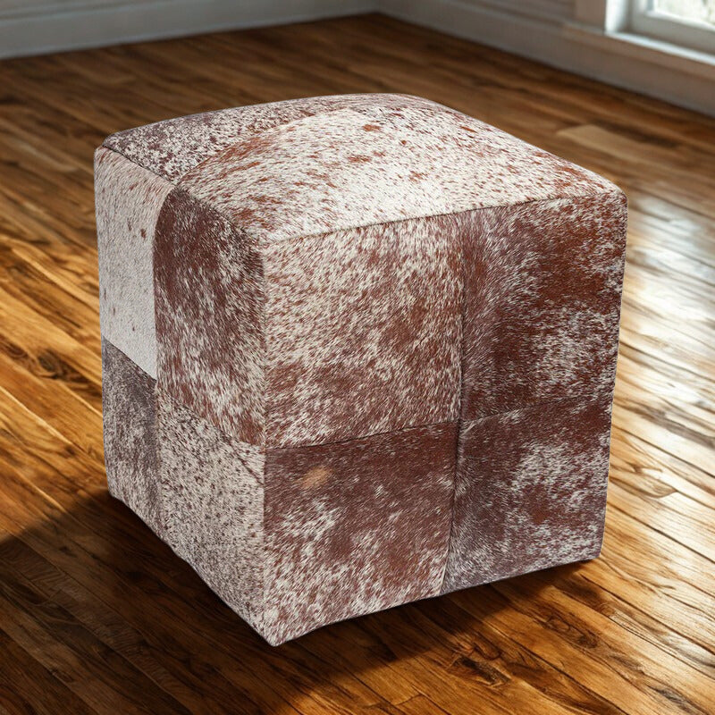 Brown & White Salt & Pepper Cowhide Pouf