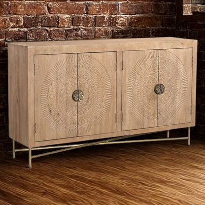 Brooklyn 4 Door Natural Carved Sideboard with Metal Base
