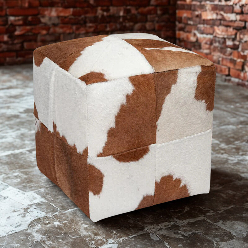 Brown & White Cowhide Pouf – Into The West