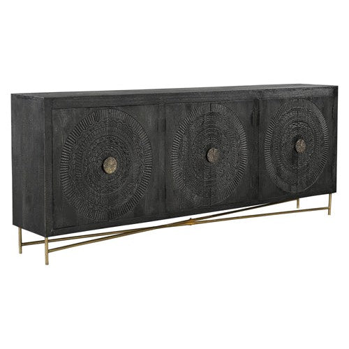 Expertly crafted, the Brooklyn 6 Door Carved Sideboard boasts hand carved doors and a distressed black finish. With ample storage space and elegant gold accents, this piece adds both style and functionality to any space. Upgrade your home décor with this stunning sideboard.