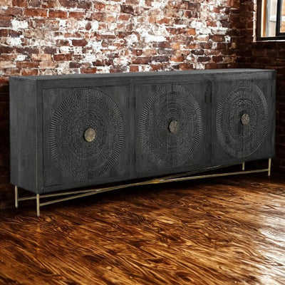 Brooklyn 6 Door Black Carved Sideboard with Metal Base