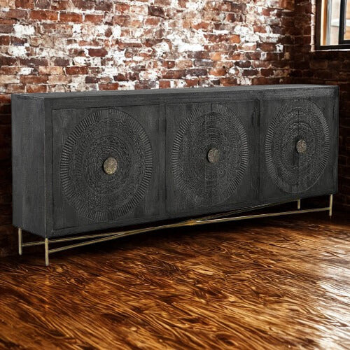 Brooklyn 6 Door Black Carved Sideboard with Metal Base