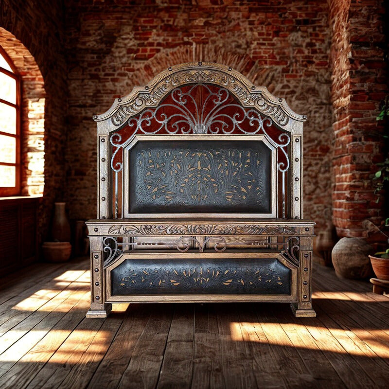 Iron & Tooled Leather Bed Frame