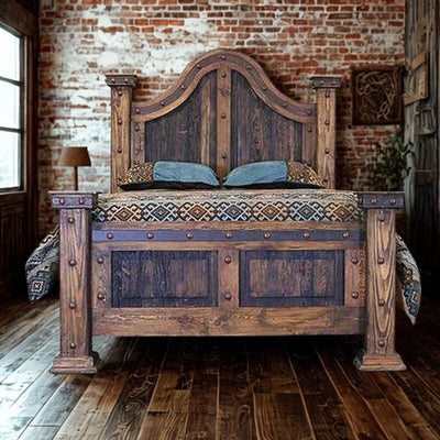 Light wood western bed frame with simple headboard in an airy, coastal-inspired bedroom