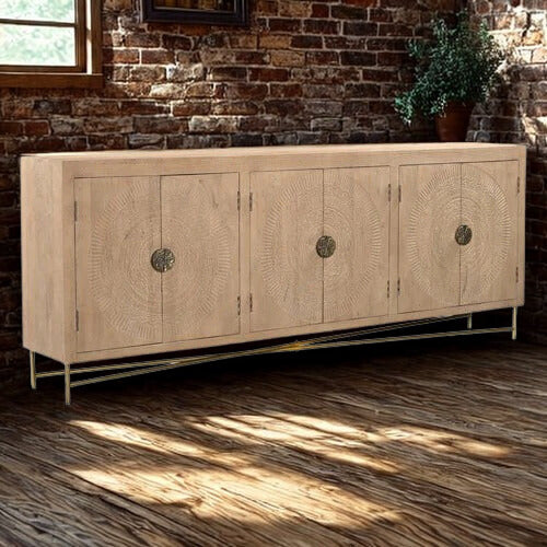 Brooklyn 6 Door Natural Carved Sideboard with metal base