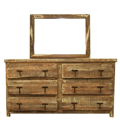 Rustic wooden dresser with mirror and six distressed drawers