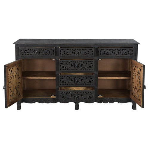 Expertly crafted from sturdy mango wood, the Arabella console boasts hand carved doors and drawers that add a touch of sophistication to any space. Its durable construction ensures lasting beauty and functionality for years to come. Elevate your home decor with this elegant piece.