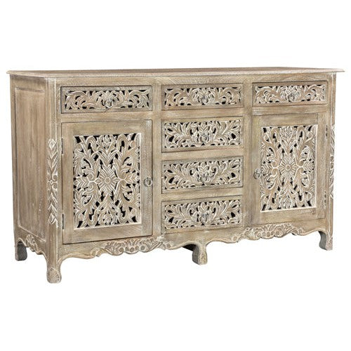 Expertly crafted from sturdy mango wood, the Arabella console boasts hand carved doors and drawers that add a touch of sophistication to any space. Its durable construction ensures lasting beauty and functionality for years to come. Elevate your home decor with this elegant piece.