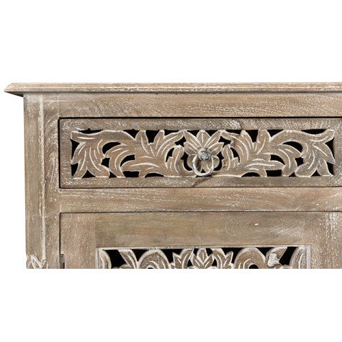 Expertly crafted from sturdy mango wood, the Arabella console boasts hand carved doors and drawers that add a touch of sophistication to any space. Its durable construction ensures lasting beauty and functionality for years to come. Elevate your home decor with this elegant piece.