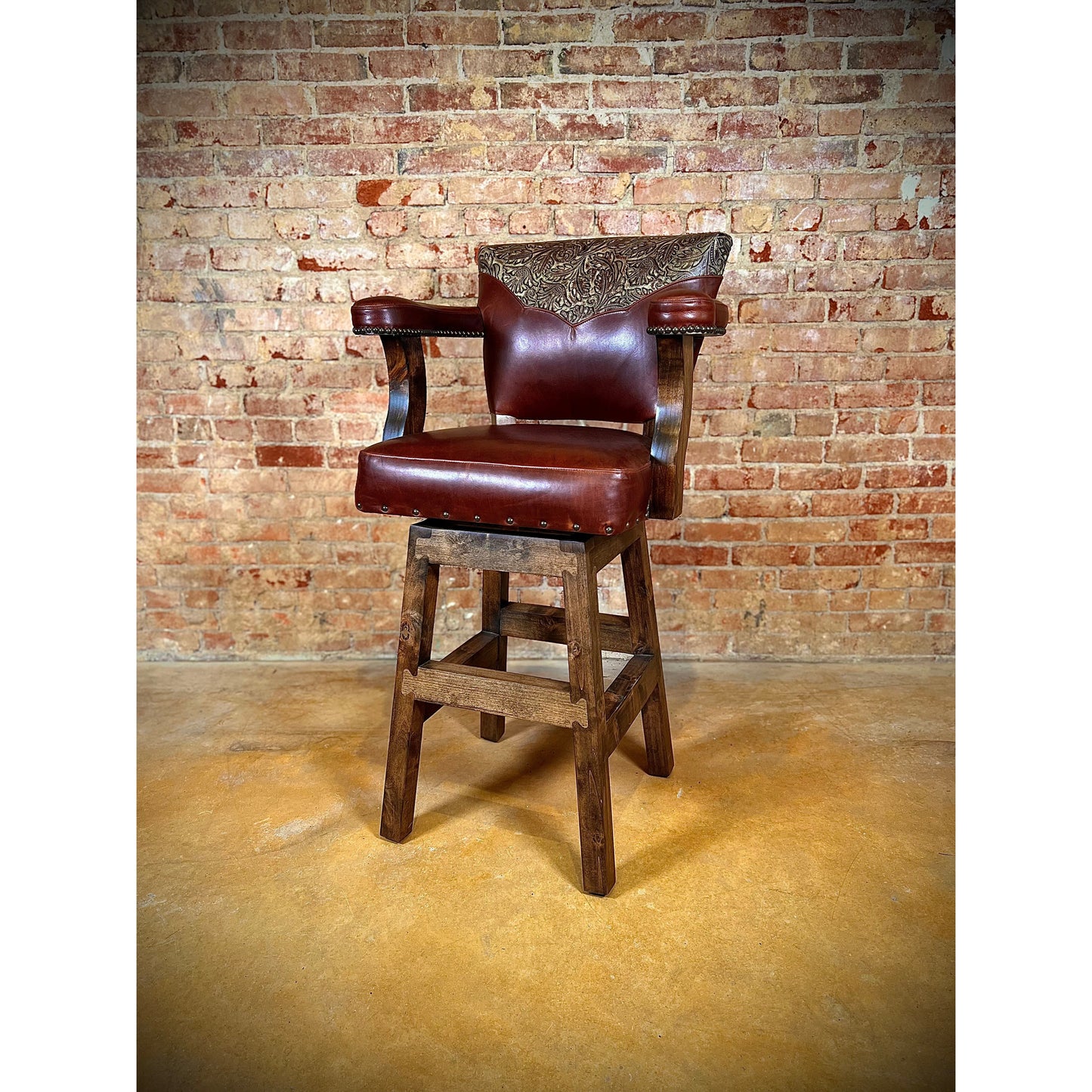 western leather barstool with cherry brown glossy leather