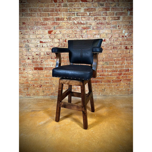 The Black Leather &amp; Cowhide Boostitch Chisum Barstool offers 360-degree swivel functionality and comes in both counter and bar height options. The unique bootstitch design and cowhide on the outside back add a touch of sophistication, while the nailhead trim provides a classic finish. Made with top grain leather for durability and style.