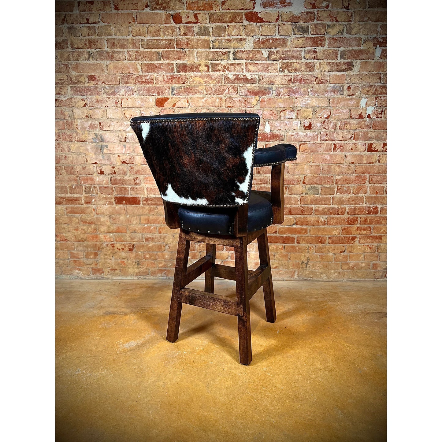 western bar stool with tri-color cowhide on the back