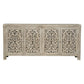 The Caprice Limestone grey 4 Door Console exudes expert craftsmanship with its hand-carved doors made of durable mango wood. This unique piece adds a touch of sophistication to any space, while providing ample storage space. Elevate your home decor with this stunning console.