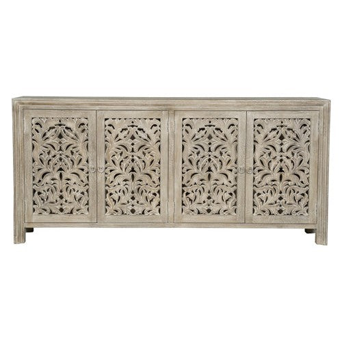 The Caprice Limestone grey 4 Door Console exudes expert craftsmanship with its hand-carved doors made of durable mango wood. This unique piece adds a touch of sophistication to any space, while providing ample storage space. Elevate your home decor with this stunning console.