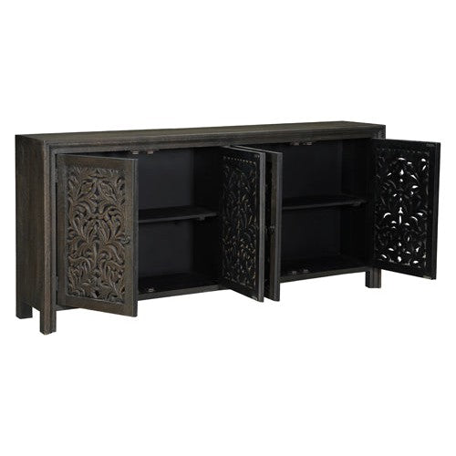 The Caprice Distressed Black 4 Door Console exudes expert craftsmanship with its hand-carved doors made of durable mango wood. This unique piece adds a touch of sophistication to any space, while providing ample storage space. Elevate your home decor with this stunning console.