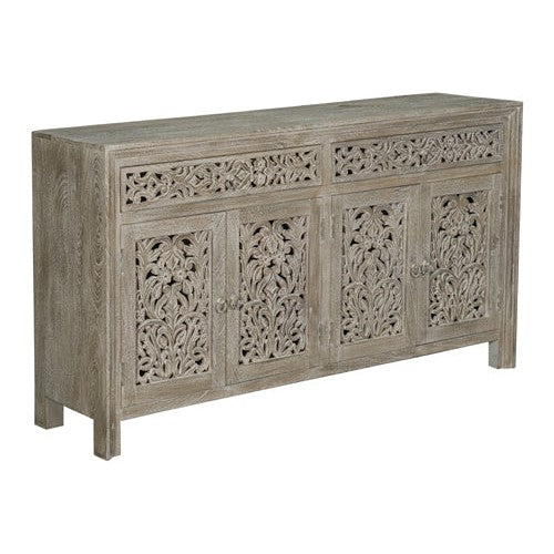 Introducing the Caprice Distressed Limestone Grey 2 Door 4 Door Carved Sideboard. Made from durable mango wood, this sideboard features a distressed black finish, 2 doors, and 4 drawers, providing both style and storage. Perfect for adding a touch of rustic charm to any room.