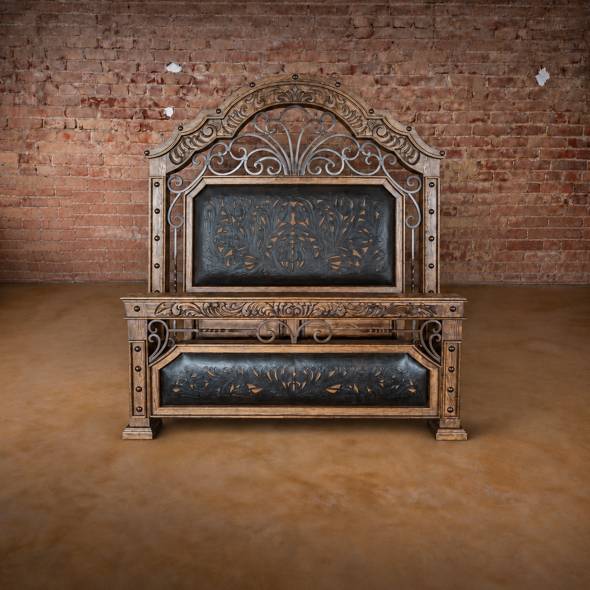 Iron & Tooled Leather Bed Frame