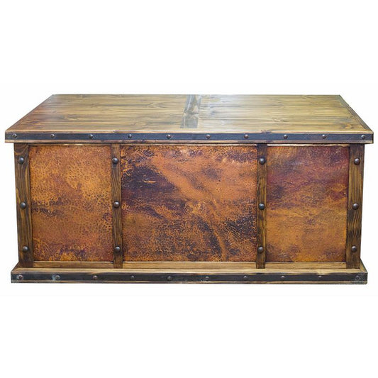 This Copper Laguna Desk is a classic piece, crafted from reclaimed wood and copper pannels with metal banding and clavos. Its timeless design will add a unique touch to any study or office.