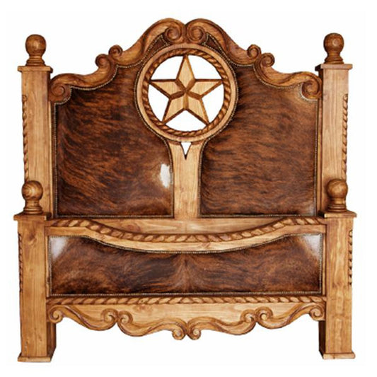 This Cowhide Rope Star Bed features hand carving for an authentic rustic look, along with upholstered cowhide panels for added comfort. Enjoy the classic style and support of this carefully crafted piece.